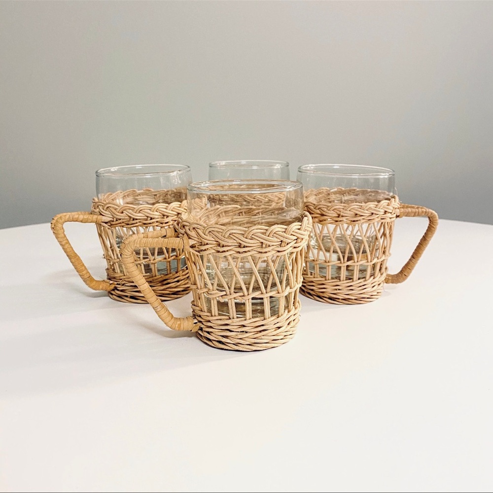 Set of 4 Woven Rattan Glass Mugs
